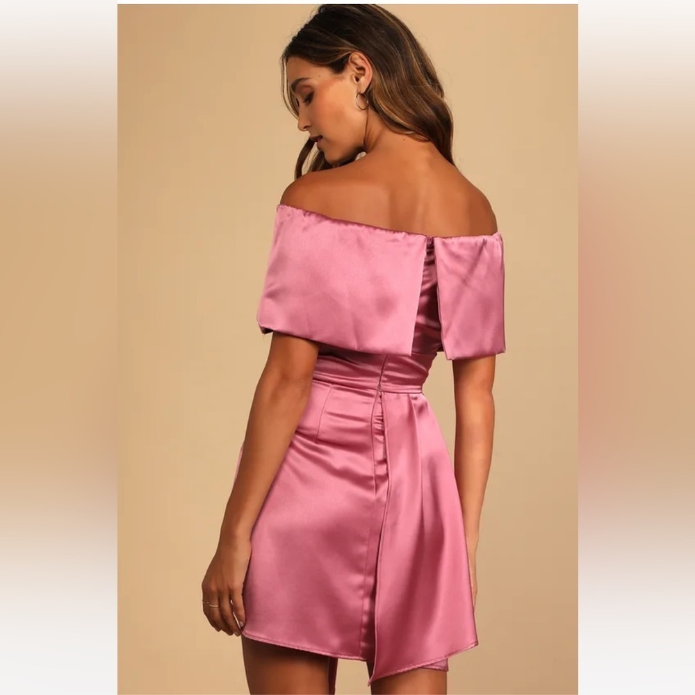 Lulu’s NWT Always Celebrating Mauve Pink Satin Off-the-Shoulder Mini Dress M - Picture 3 of 11